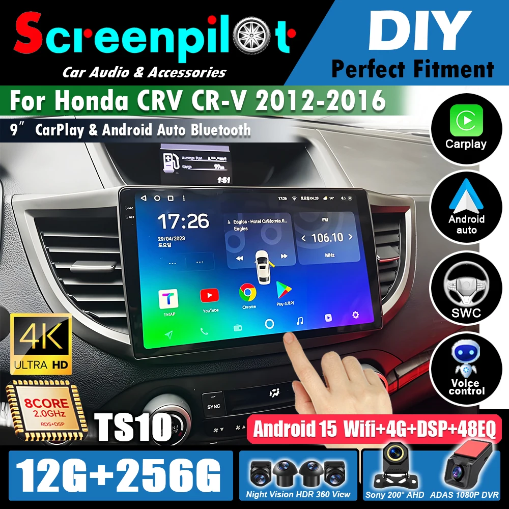 Rádio Multimídia Android 16 para Honda CRV CR-V 2012 2013 2014 2015 2016, Player de Vídeo Auto 5G com Navegação GPS e Carplay Android