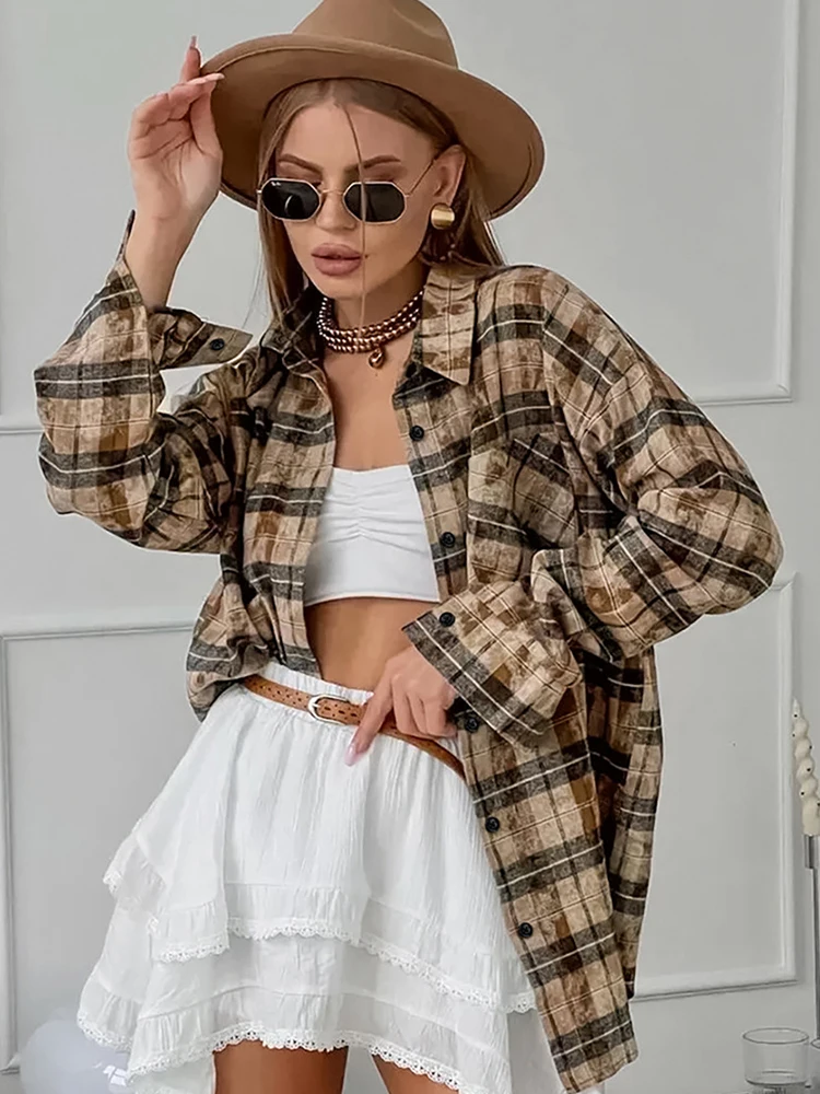 Mumaroho 2024 Women Autumn Winter Vintage Oversized Plaid Shirt Long Sleeve Loose Fit Blouse For Woman