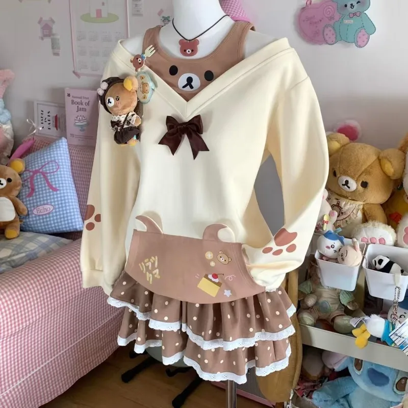 Kawaii القوس الأعلى Y2K مطبوعة الحلو هوديي المرأة الخريف لطيف الكرتون أنيمي قميص قطني بكم طويل كاذبة 2 قطعة الفتيات الحلو هوديس