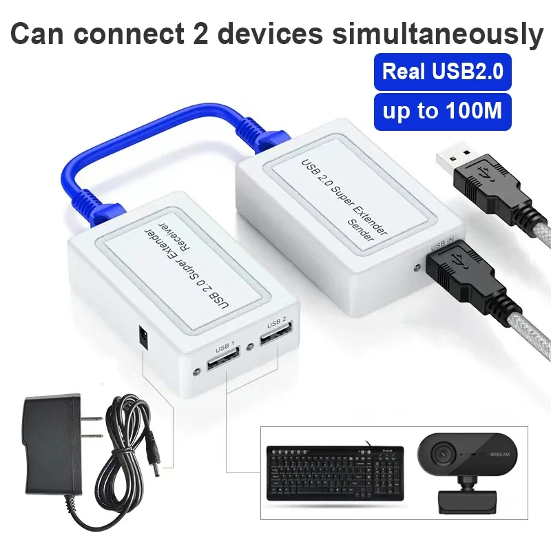 Real 2 Port USB 2.0 Rj45 Extender Hub Adapter Over Cat5e Cat6 Ethernet Network Cable 100m for Webcam Camera Mouse Printer U Disk