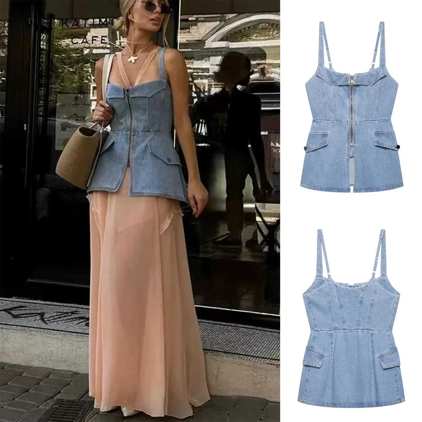 

Summer New Women's Street Style Slim Fit Denim Zipper Pocket Decorative Zipper Top Short Length Polyester Fiber Vest