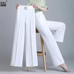 Pantalones de pierna ancha de seda helada de cintura alta de color caqui, Pantalones rectos de diseño veraniego para mamá, Pantalones holgados elegantes con cintura elástica para mujer 2023