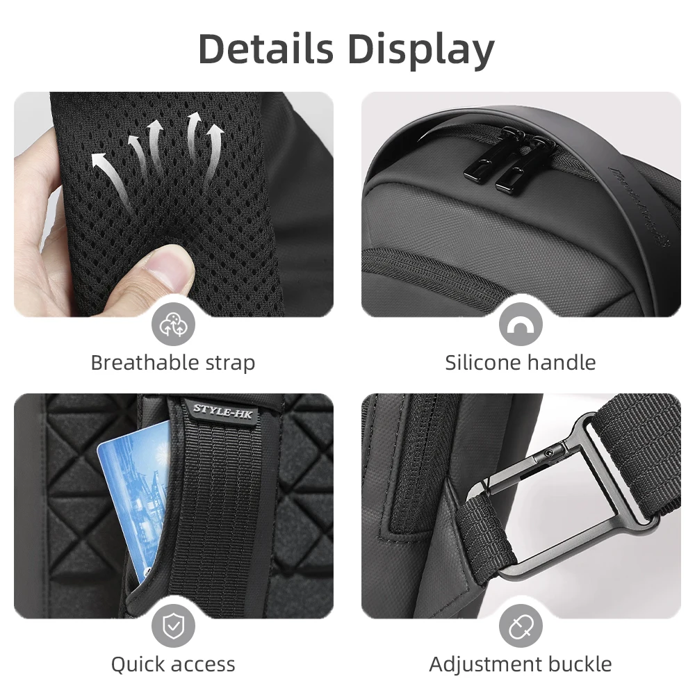 HcanKcan Shoulder Bags Men Fashion Sling Crossbody Bag For Male Chest Bag New Fashion Black Messenger Bag With USB Charging Port