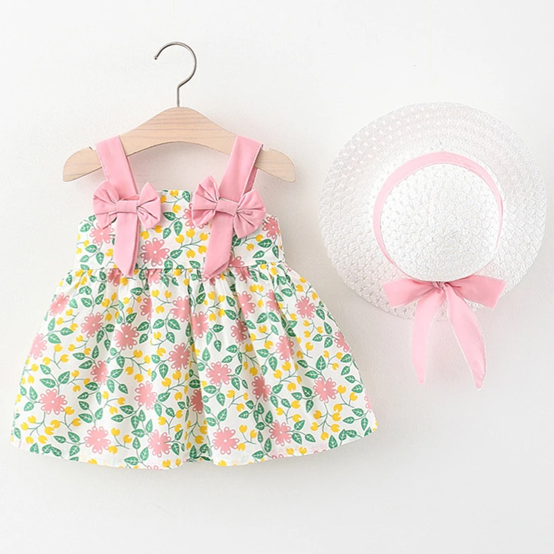 2Piece Sets Summer Toddler Girl Clothes Korean Flowers Cute Bow Sleeveless Beach Infant Princess Dress+Hat Baby Dresses BC179