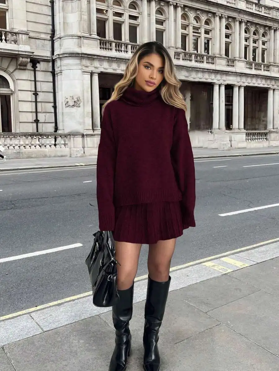 

Womens Burgundy Turtleneck Sweater And Pleated Knit Skirt Two Piece Set Casual Elegant Office Street Style