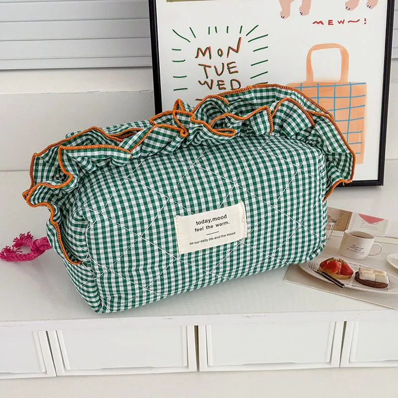 Women's Vintage Gingham Cosmetic Makeup Bag with Ruffled Edges-Large Capacity Organizer, Elegant Ribbon Bow Closure for Daily