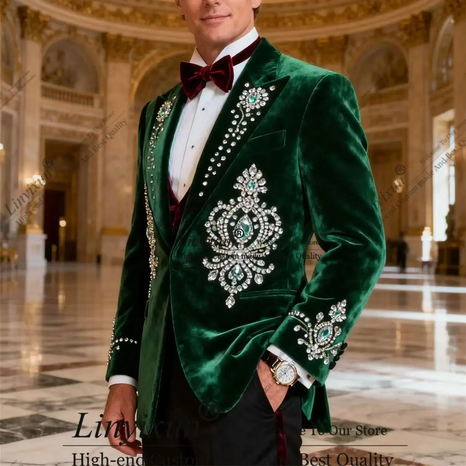 

Hasdsome Diamond Rhinestones Men Suits Fashion Groom Tuxedos 3 Pieces Party Prom Blazers Slim Fit Ropa Hombre Customized