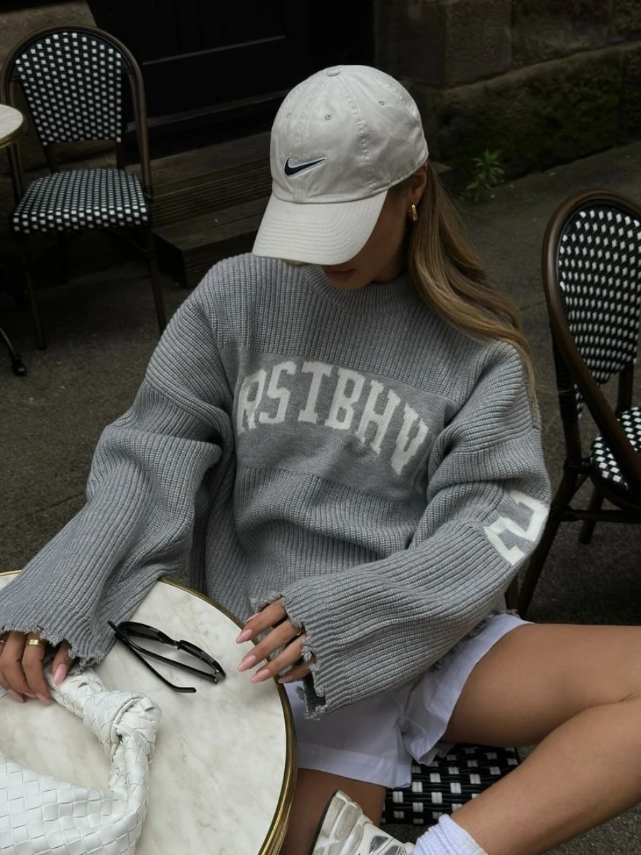 Blubelle Women's Autumn Winter New Letter Jacquard Lazy Style Pullover Sweater Gray Soft Loose Outerwear Versatile Knitwear