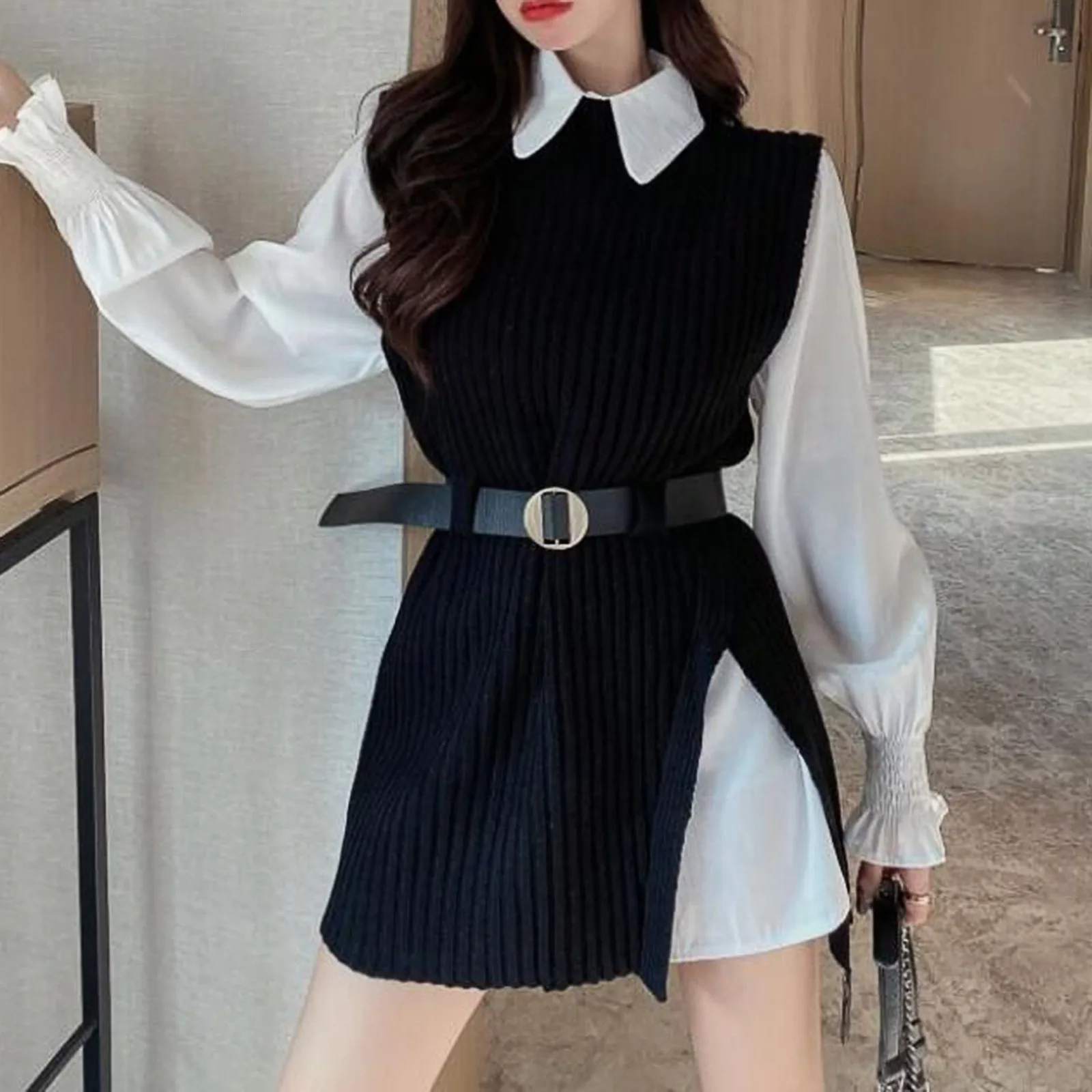 

Korean Style Spring New White Shirt Top Women'S Design Sense Split Knitted Tank Top Shirt Kpop Casual School Student Midi Dress