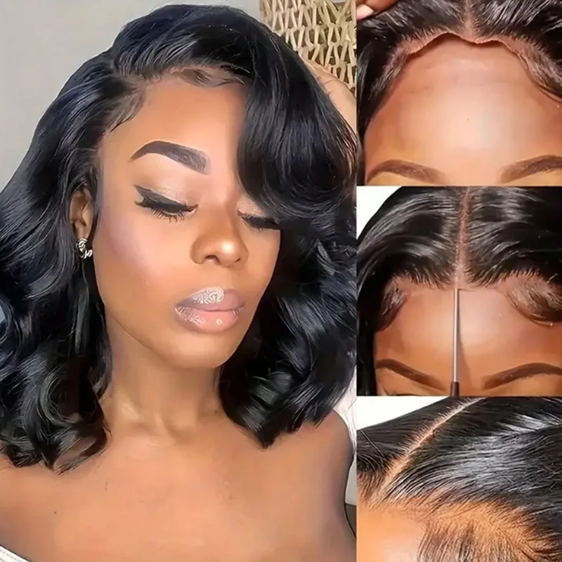 200% Dichte, sofort tragbare, kleberlose kurze Bob-Perücke aus Echthaar, vorgezupft, 13x4 Body Wave Lace Front Perücke aus Echthaar für Damen