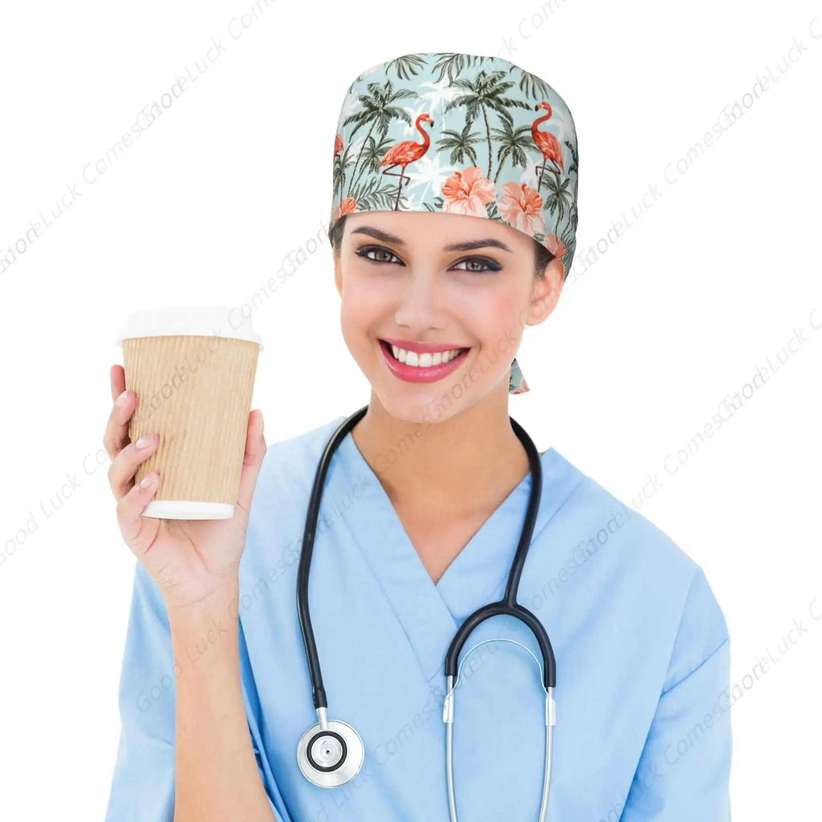 Casquette de travail hawaïenne Flamingo Palmiers pour femmes et hommes, casquette de gommage avec bandeau réglable, chapeau unisexe à nouer au dos, infirmière chirurgicale