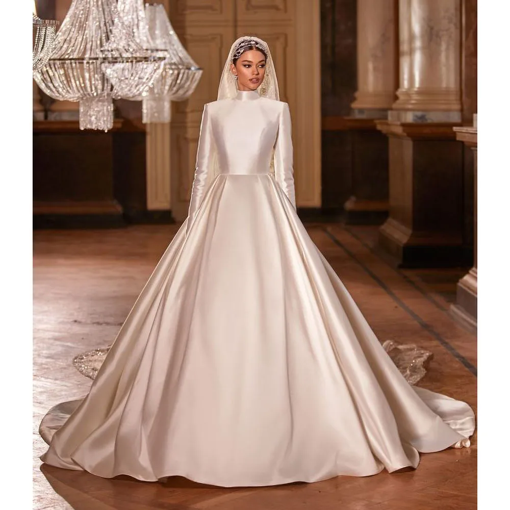 

New Arrival Wedding Dress White Elegant Long Sleeves Floor-Length Satin Bride Dresses Luxury Fashion Chapel Train Ball-Gown