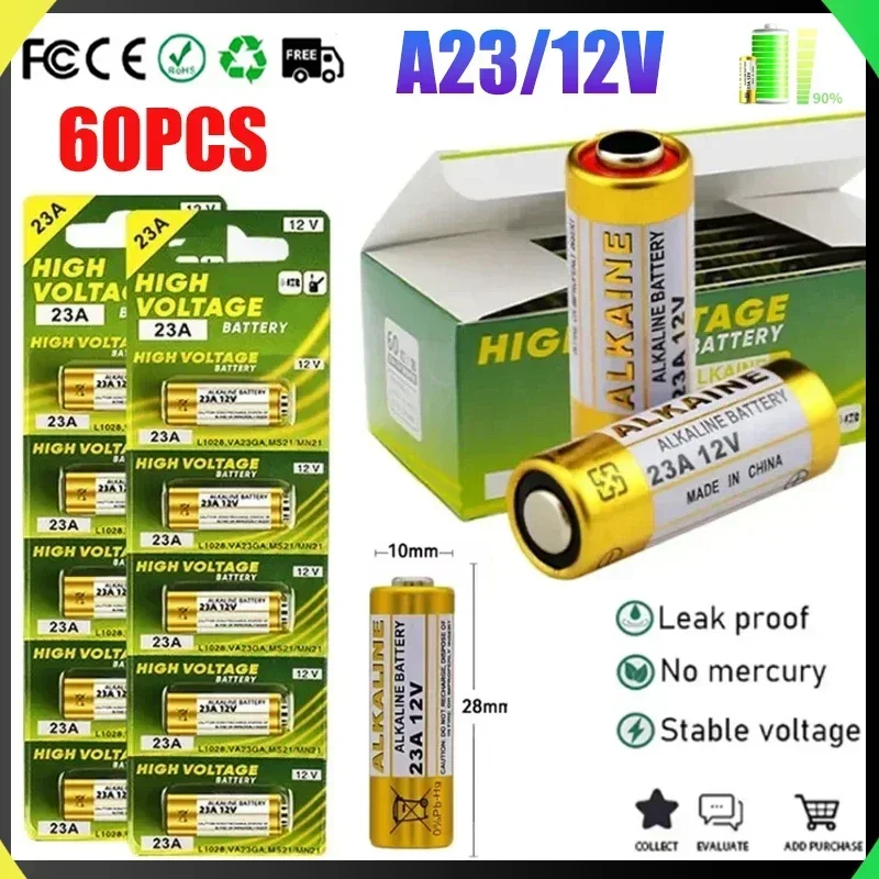 

60PCS 12V 23A Alkaline Battery 23A 23GA A23S E23A EL12 MN21 V23GA L1028 GP23A LRV08Suitable for Remote Control Wireless Doorbell