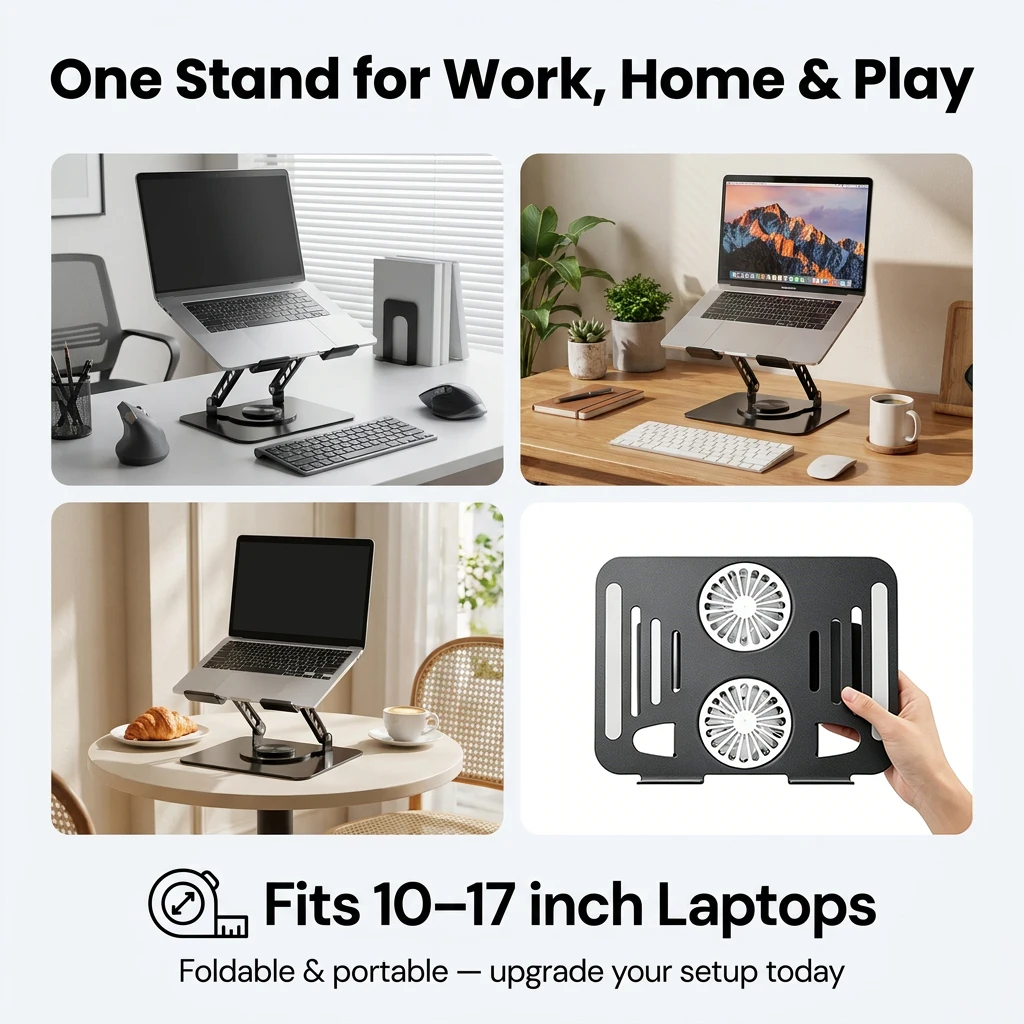 Laptopständer aus Kohlenstoffstahl, 360° drehbar ° Drehbarer, faltbarer, höhenverstellbarer USB-Kühlventilator-Ständer für 16-Zoll-Laptops und Tablets, ergonomisch – Detail 6