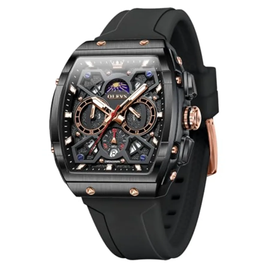 

OLEVS Tonneau Square Mens Watches, Fashion Large Face Silicone Band Watches for Men, Multifunctional Chronograph Quartz Men Wat