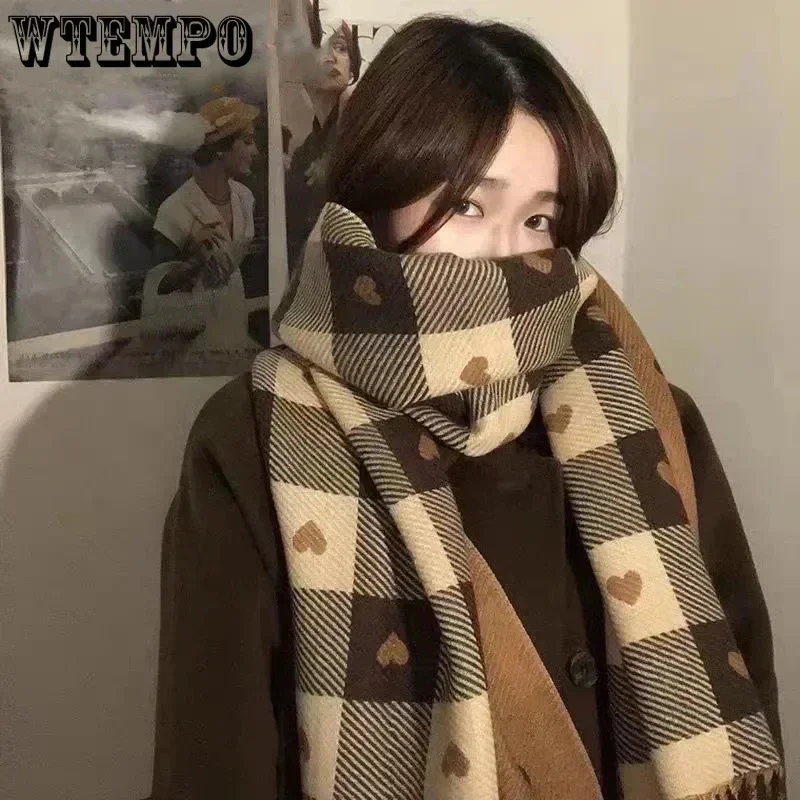 WTEMPO Fall Winter Imitation Cashmere Women\'s Double-sided Love Plaid Scarf Korean Tassel Warm Large Shawl Versatile Thick Wrap