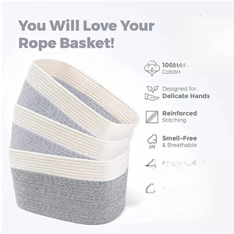 Collapsible Cotton Rope Basket with Handles Soft Round Storage Baskets for Baby Toy Organization and Laundry Use