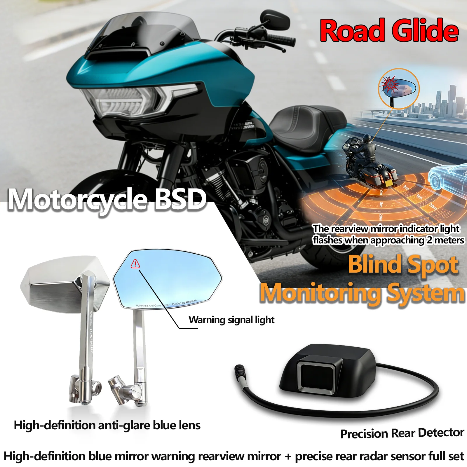 For Harley Road Glide 77GHz Millimeter Wave Radar Motorcycle Blind Spot Warning Rearview Mirror Lane Change Alert Safety Detecti