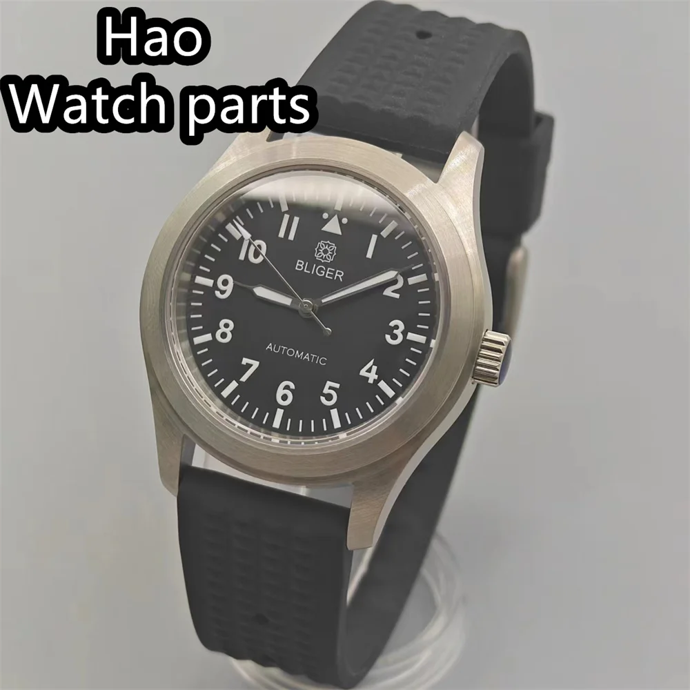 BLIGER 36 مللي متر/39 مللي متر الطيار ساعة ميكانيكية للرجال قبة الياقوت الزجاج الأخضر مضيئة NH35A الحركة التلقائية شريط مطاطي