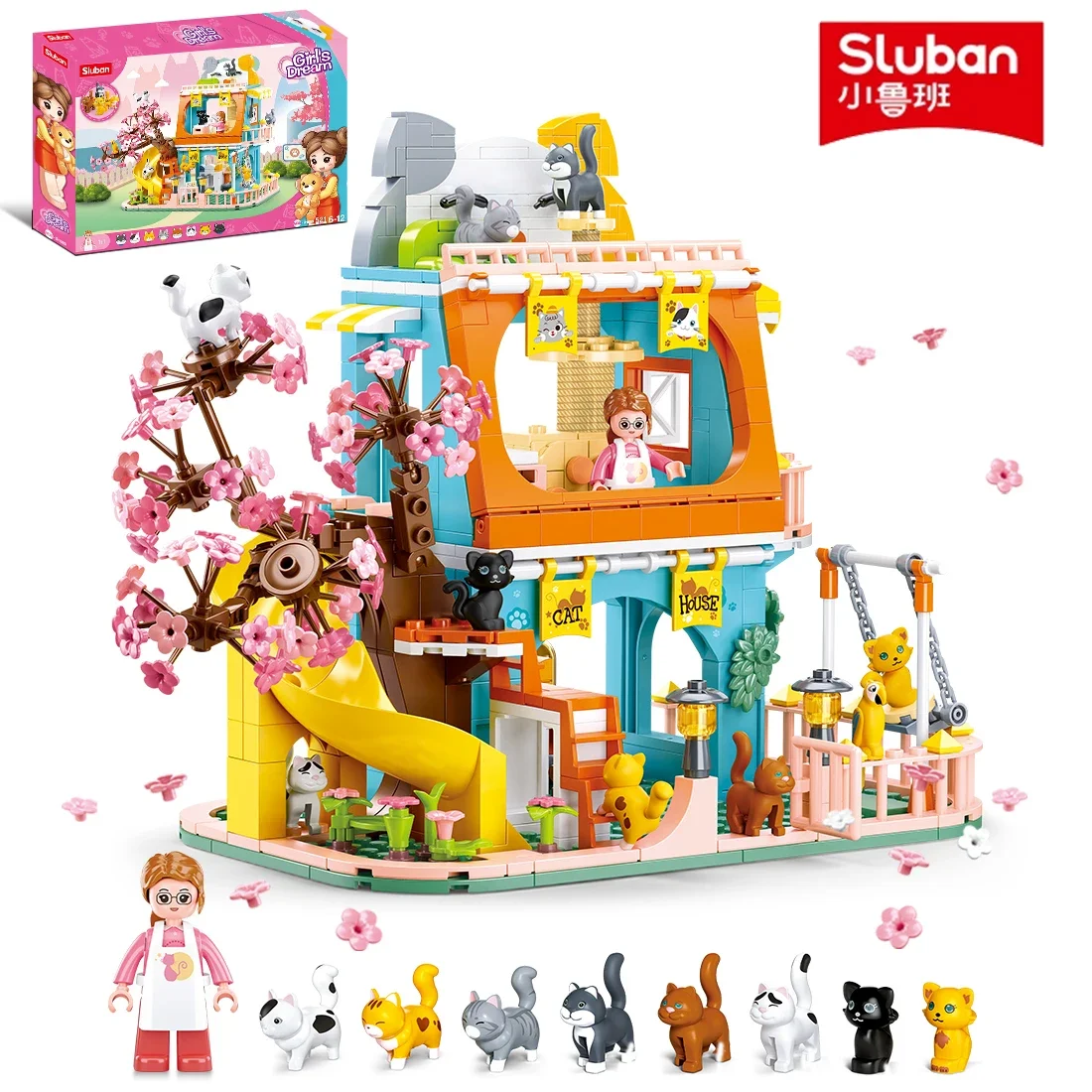 521PCS Cute Cat Home Building Blocks Slide Cherry Tree Building Model Bricks Set With Figures Kids Educational Toys Holiday Gift