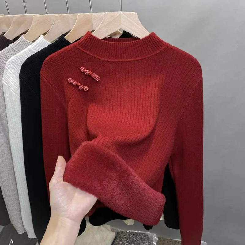 

Winter Sweater Women Elegant O-Neck Thicken Velvet Lined Warm Sueter Knitted Pullover Slim Tops Jersey Knitwear Jumper New