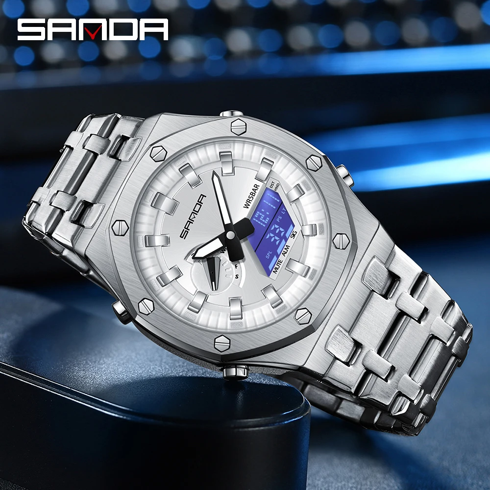 

Sanda 3357 New Electronic Watch with Steel Band Lifting Hand Light Trendy and Cool Men's Multi functional Electronic Watch