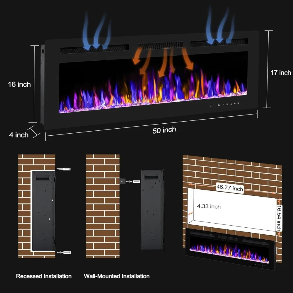 Cheminée murale électrique de 50 pouces avec télécommande, chauffage mince 750 W/1500 W avec minuterie et réglages réglables