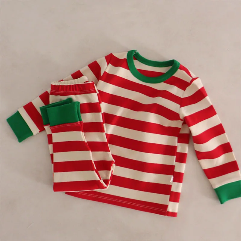 Korean Version of Baby Clothing Christmas Atmosphere Red and Green Striped Loungewear Set Baby Festive Long Johns