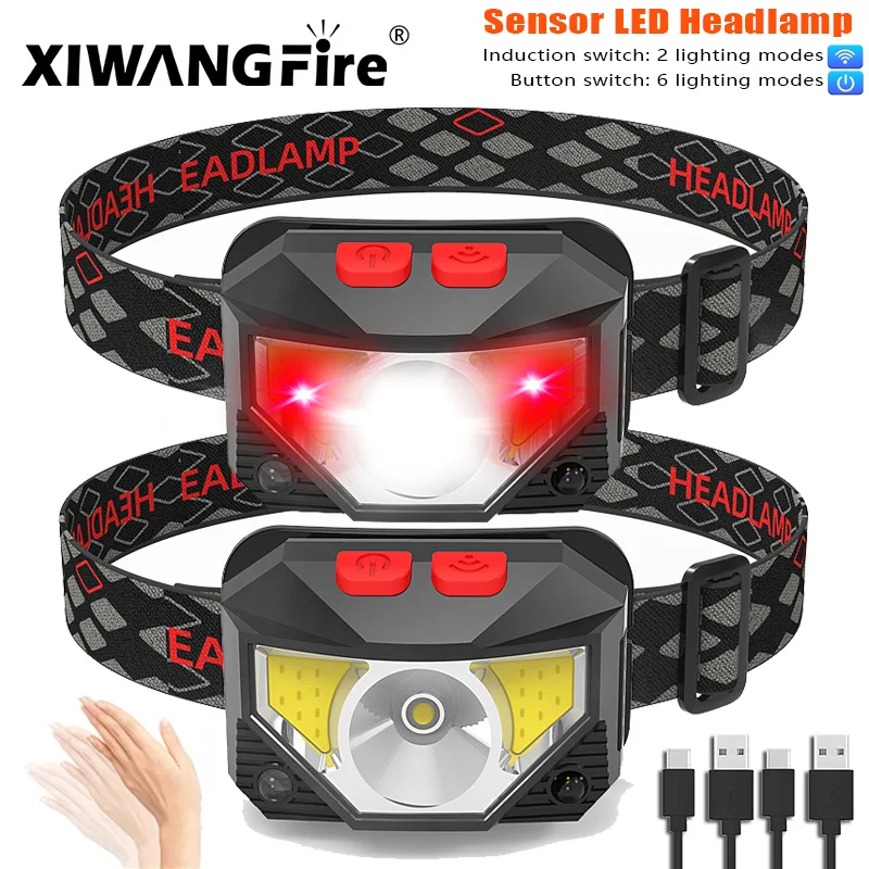 Rechargeable LED Headlamp Sensor Headlight With COB and LED Beads 8 Lighting Modes White and Red Light Fishing Ligh