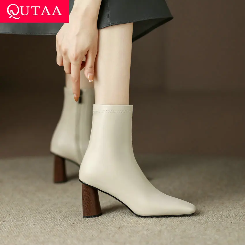 QUTAA 2024 Zipper Stretch Women Ankle Boots Autumn Winter New Square Toe Square High Heel Shoes Woman Casual Office Size 34-40