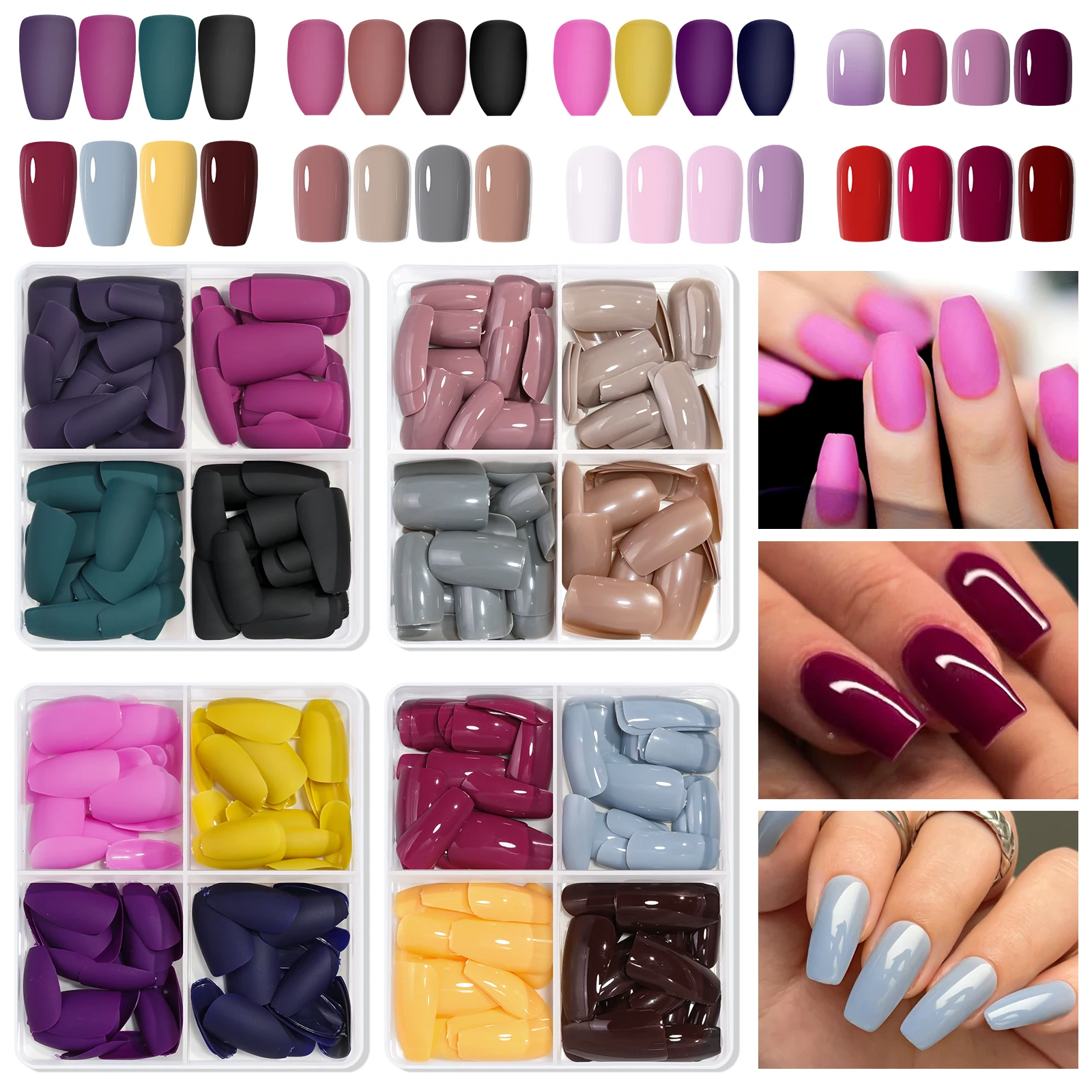 

96pcs Boxed 4color Short Nail Tips Ballet/Coffin/Square Full Cover Matte Bright False Nails Press-On Nails DIY Manicure Design