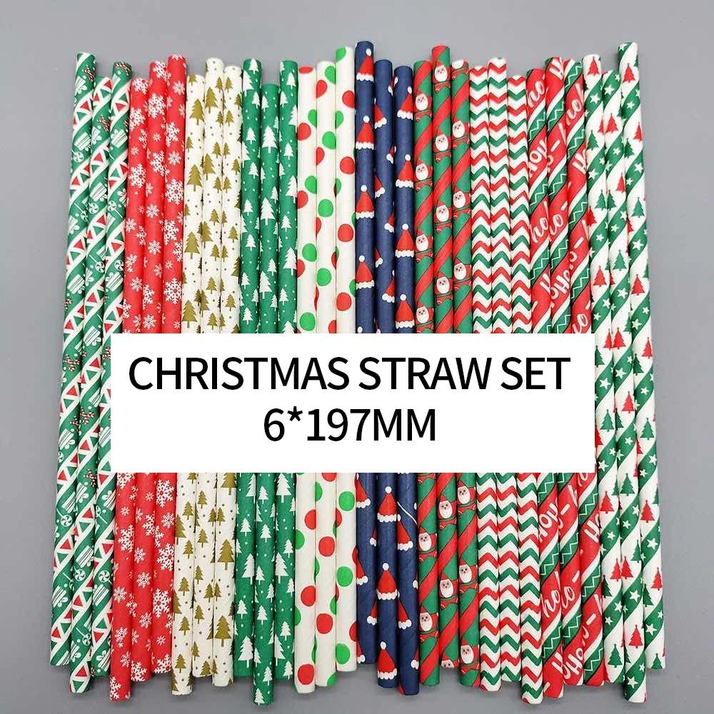 

SOTON 100pcs Disposable Christmas Tree Paper Printing Straws Christmas Decoration Party Kitchen Accessories