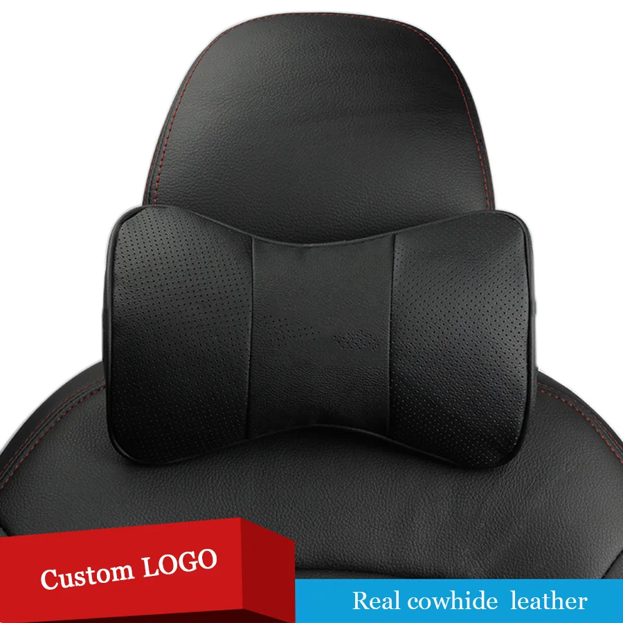 

2 шт., автоспортивная натуральная кожа, костяная подушка для автомобильного сиденья, подголовник для шеи, удобная черная подушка, индивидуальный узор логотипа