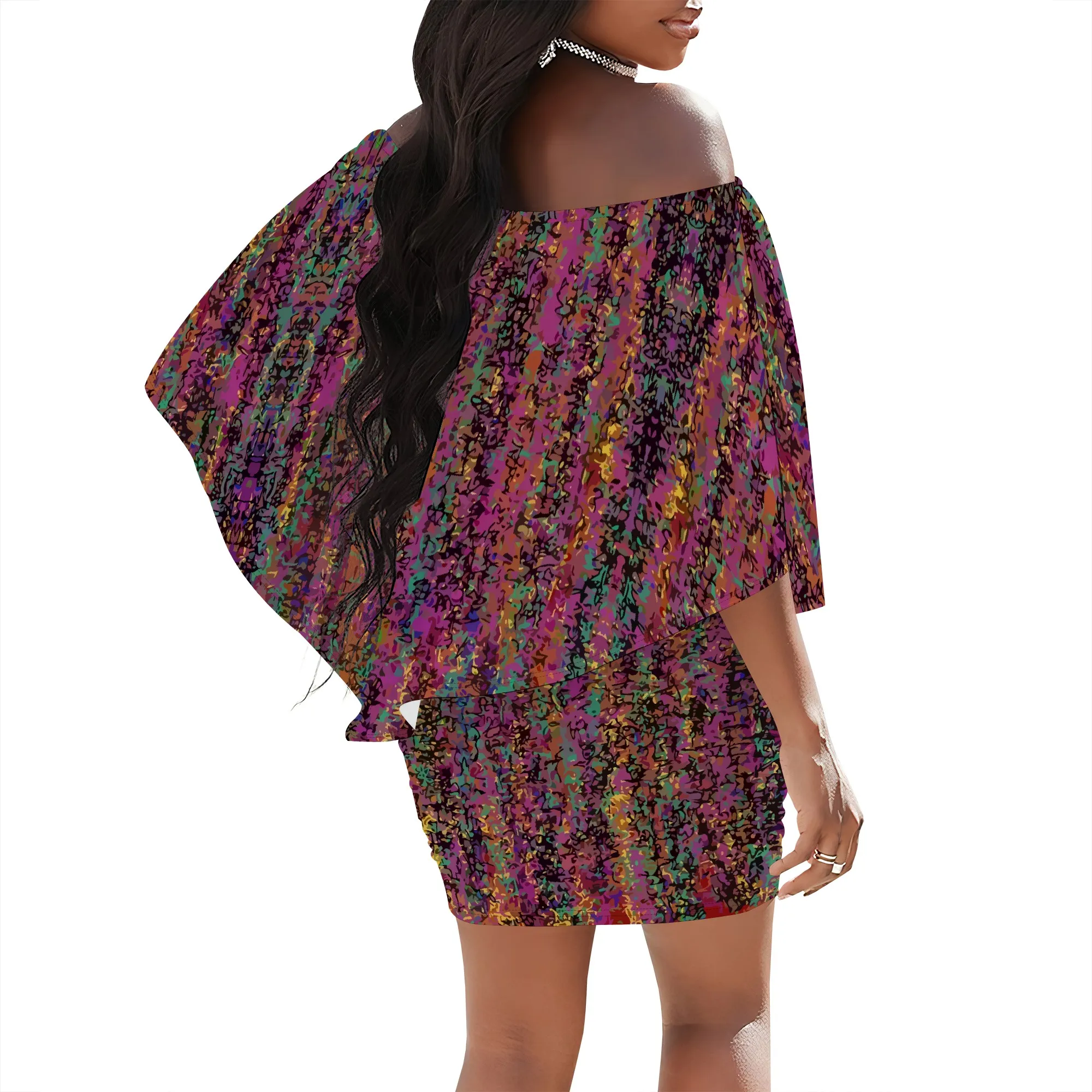 オフショルダー花柄ウェーブプリントドレス女性の夏のボヘミアンスタイル休暇ボディコンミニドレス