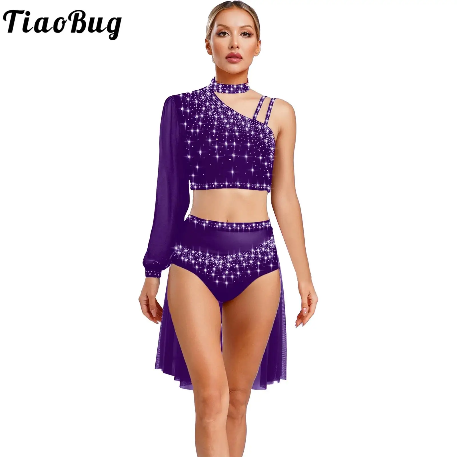 

Women Contemporary Dance Costume Lyrical Skating Ballet Dancewear Asymmetrical Mesh Long Sleeve Rhinestones Crop Top with Skirt