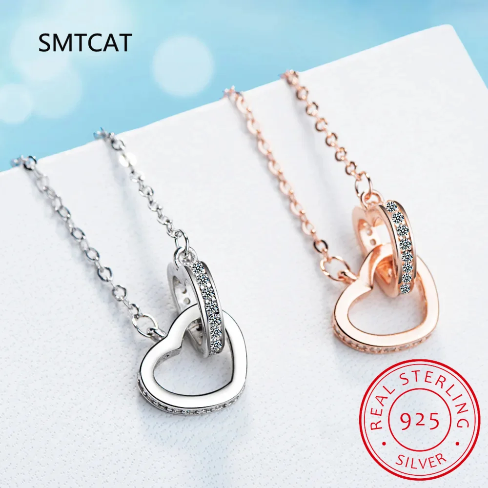 Fashion 925 Sterling Silver Necklace Pendant Rose Gold Double Heart Crystal Pendant For Women Korean Jewelry With Chain Gift