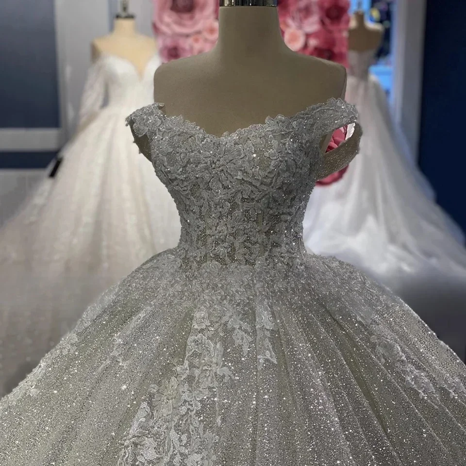 

Customized 2025 V-Neck Shiny Off The Shoulder Appliques Wedding Dress Ball Gown Floor Length Sweep Train Lace Up Bridal Gown