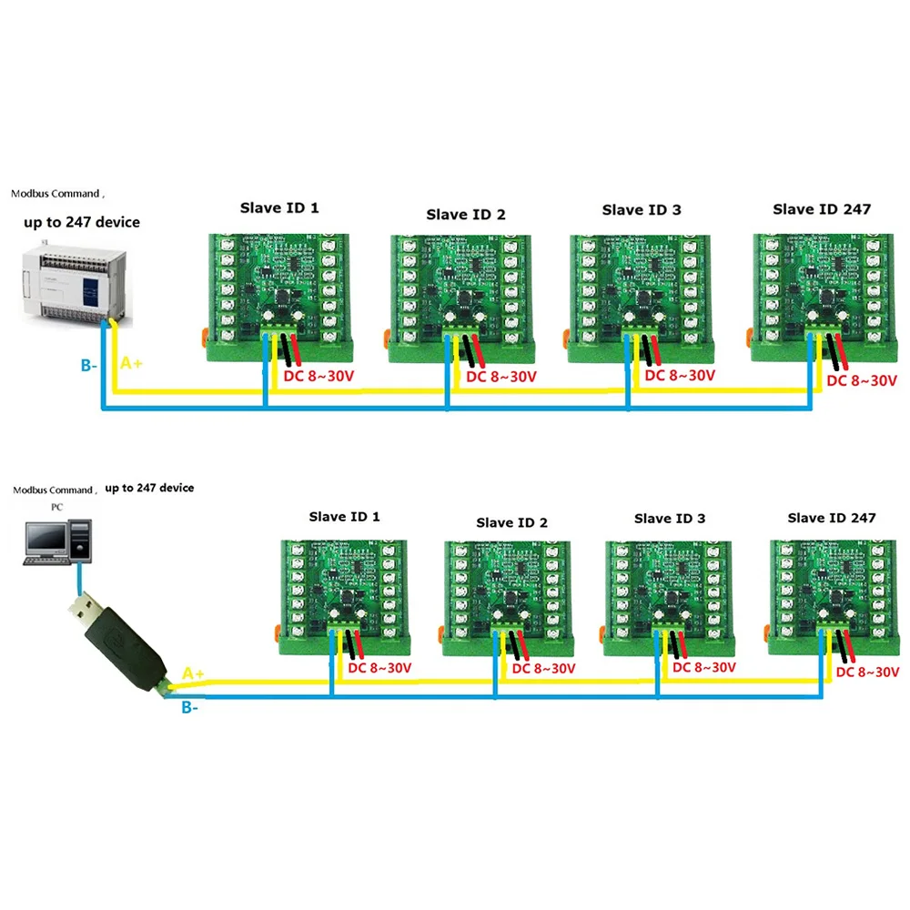8ai RS485 pt100 RTD RS485 module d'acquisition de capteur de température rep NTC K thermocouple DS18B20 pta8d08