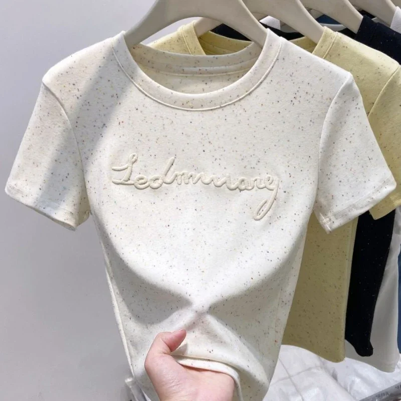 

Женская летняя футболка с короткими рукавами и вышитыми буквами, новый тонкий и высококачественный топ из чистого хлопка в корейском стиле XQ628