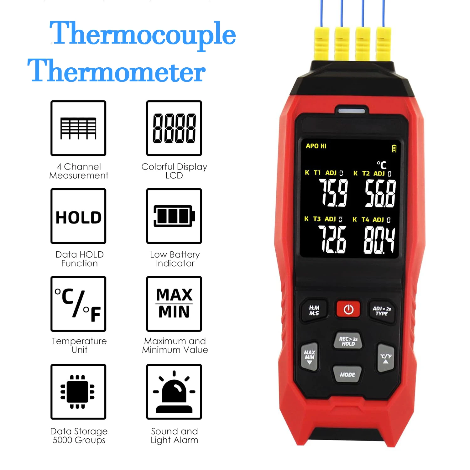 

4 Channels Thermocouple Thermometer Data Logger Thermometer K Type Temperature Logger with Sound & Light Alarm and Data Logging