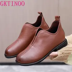 GKTINOO Ankle Boots For Women Slip-on Genuine Leather Soft sole Winter Spring Female Shoes Handmade Flat Heel Big size 35-43