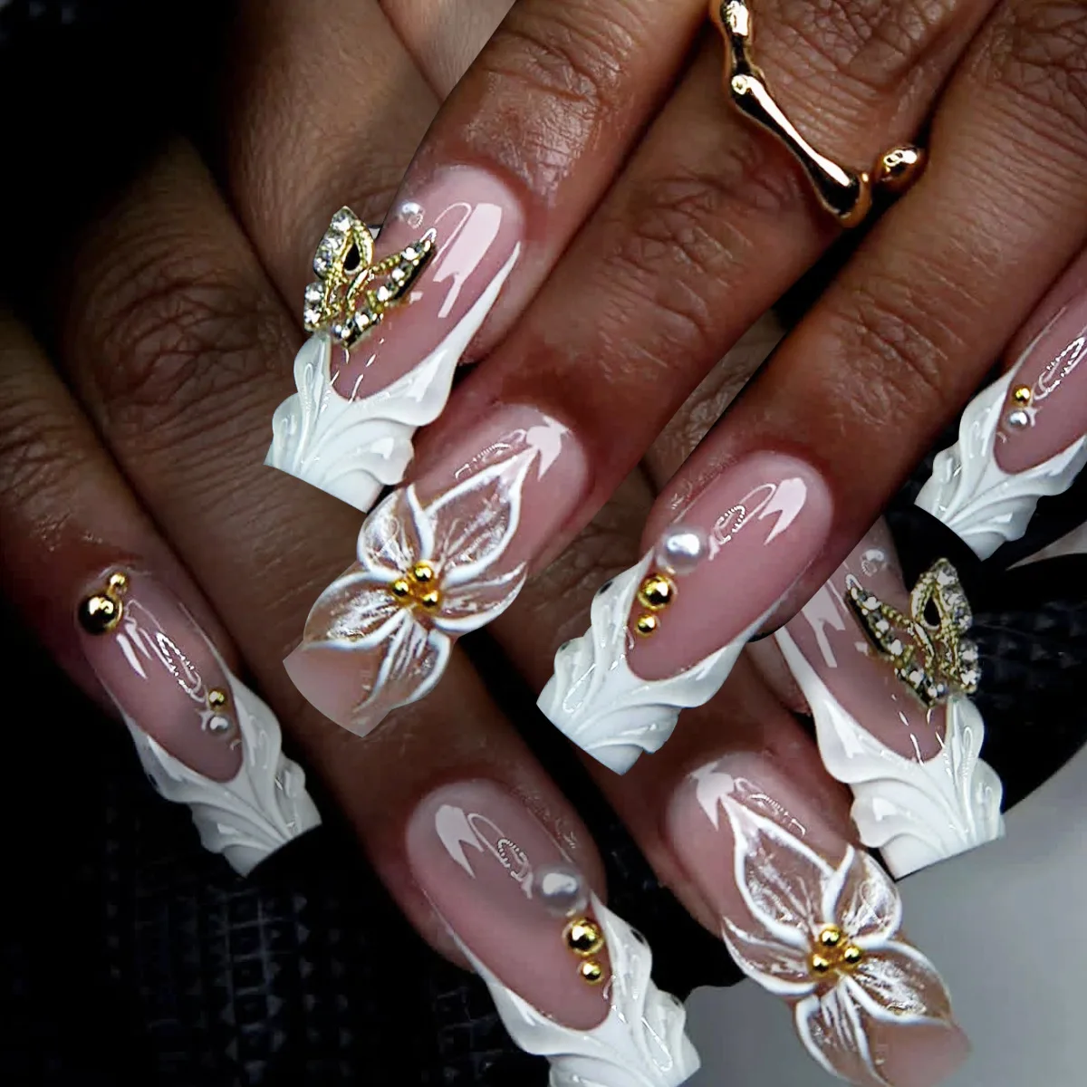 24Pcs 3D Flower Butterfly Gilded Design Nails Press on Square Head Reusable Finger Nail White Edge French Diamond Manicure Tips