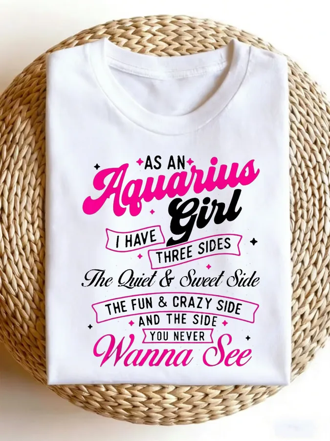 As An Aquarius Girl T Shirt Women Funny Zodiac Sign Graphic Tees Pink Ribbon Letter Printed Astrology Birthday Gift Top Vintage Sweet Crew Neck Clothes