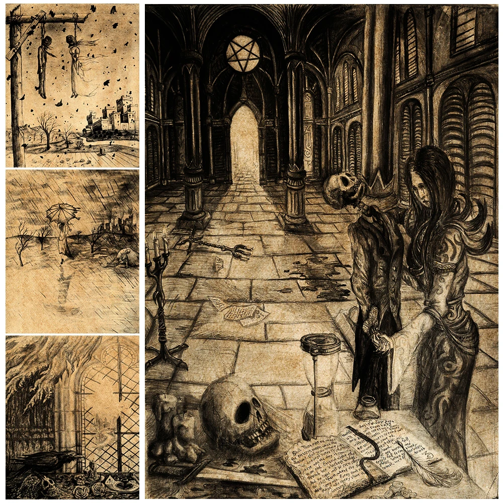 Винтажная Настенная картина ведьма танцев с мертвецами, холст, живопись смерти, объединяет Ретро плакат и принты, темный ужас, украшение для дома