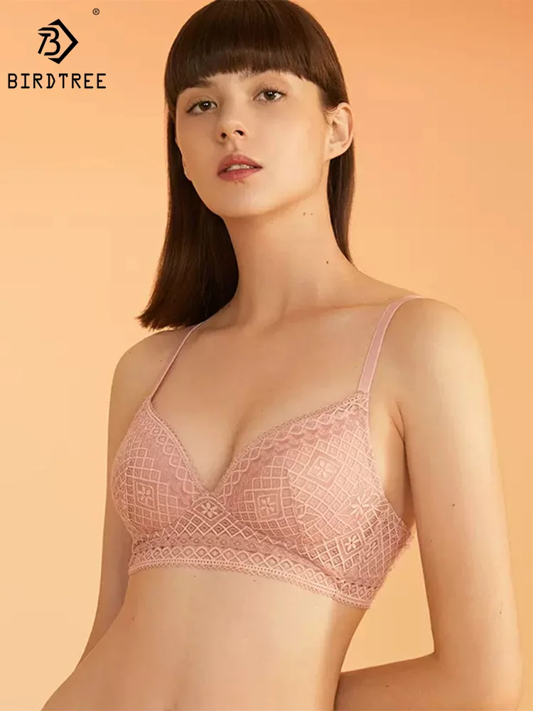 

BirdTree Lining 100%Real Silk Wire Free Bra, Women's Lace Embroidery, Skin Friendly Sexy Underwear, 2024 Spring Summer P41958QM