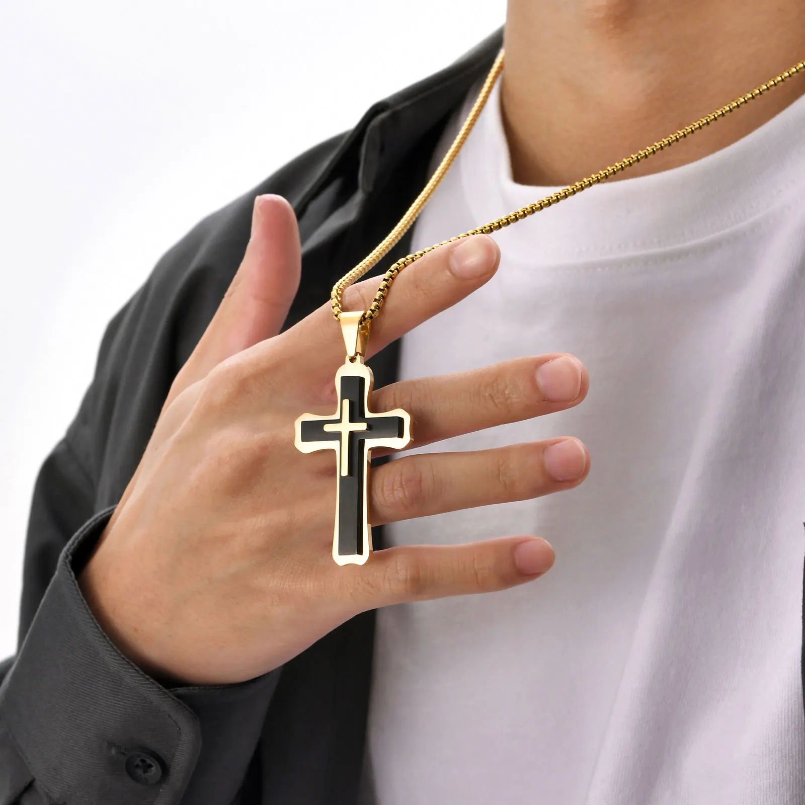 Mprainbow High-quality Cross Pendants Men Necklaces, Stainless Steel Gold Silver Color Layers Pendant,Faith Jewelry Gift