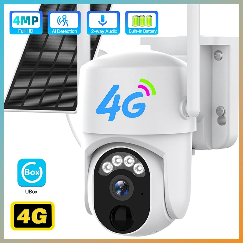 

4G Solar Camera 4MP Outdoor Surveillance Night Vision Two Way Audio Built-in 10400mAh Battery WiFi PTZ Camera Wireless P2P Cam