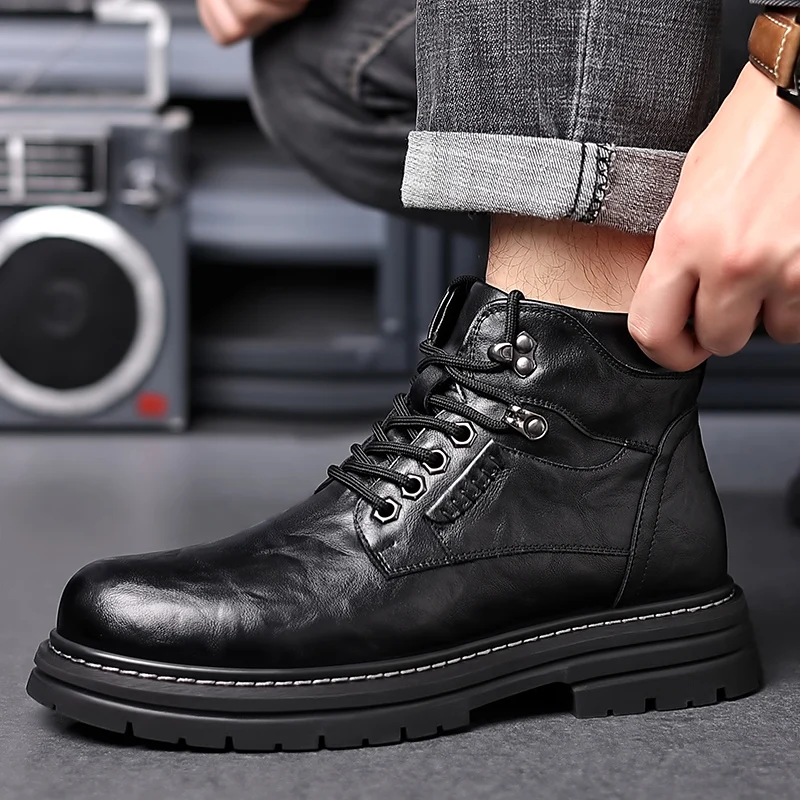 New Genuine Leather Mens Boots Durable Fur Warm Winter Boot Senior Comfortable Non Slip Cowboy Boots Man Casual Outdoor Sneakers