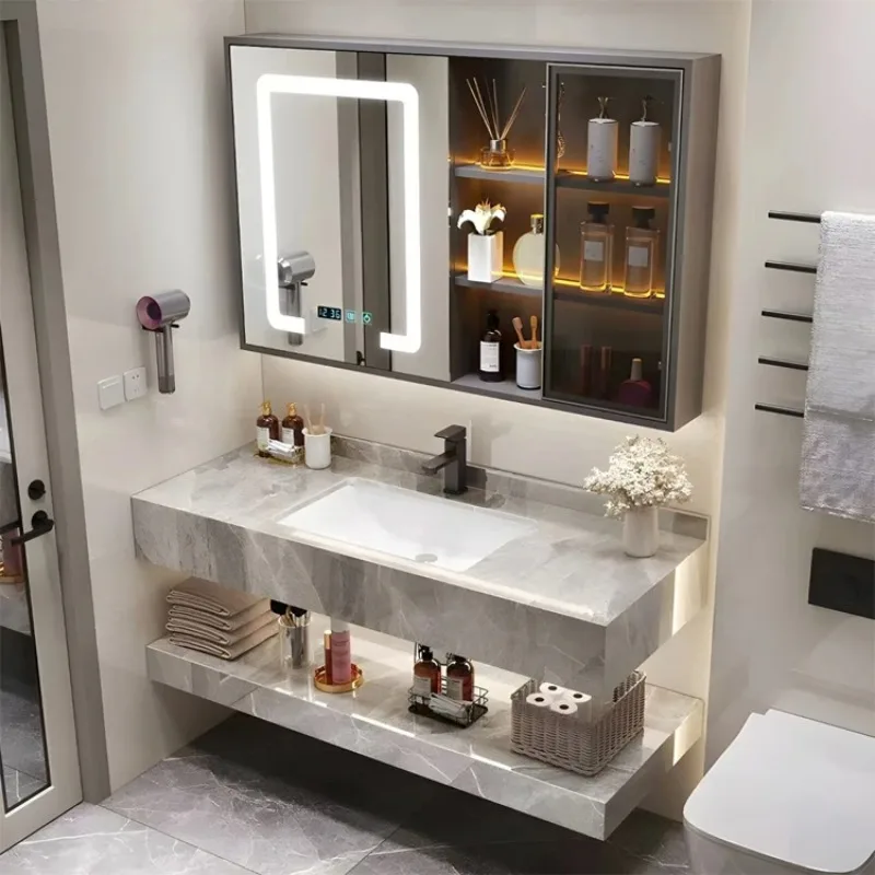Factory Custom Modern Grey Wall Mounted Bathroom Cabinet Vanity Set with Stone Top Ceramic Sink Smart Mirror Faucet Combination