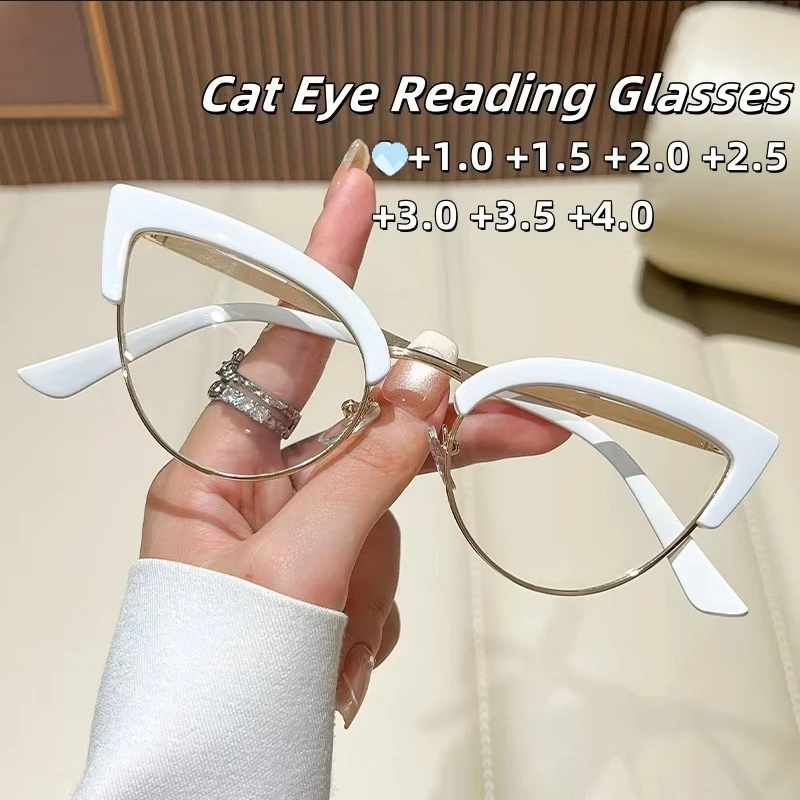 Modische Metall-Katzenaugen-Lesebrille für Damen mit Blaulichtfilter und Hochauflösenden Gläsern, Optische Korrekturbrille 1,0~+4,0